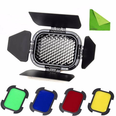 Godox Barn Door with Honeycomb Grid and 4 Color Gel Filters (Red Yellow Blue Green) for Godox AD200 - QATAR4CAM