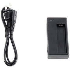 Black camera battery charger with power cord for DSLR or mirrorless cameras