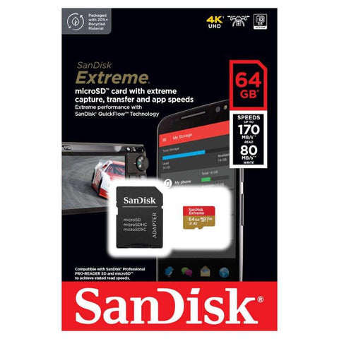 SanDisk Extreme 64GB microSDXC Card with Adapter 170MB/s 80mb/s card - QATAR4CAM