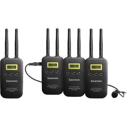 Saramonic VmicLink5 RX+TX+TX+TX Camera-Mount Digital Wireless Microphone System with Three Bodypack Transmitters and Lavalier Mics (5.8 GHz) - QATAR4CAM